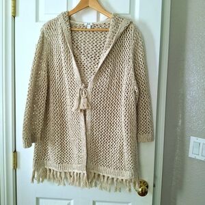 J Jill Cardigan Hood Open Front Crocheted Beige Fringe Hem Tassels Size L Petite
